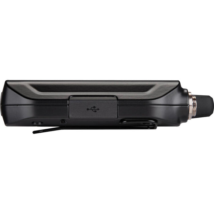 Shure GLXD1+ dual-band wireless bodypack transmitter for lavalier, headset, and instrument microphone applications.