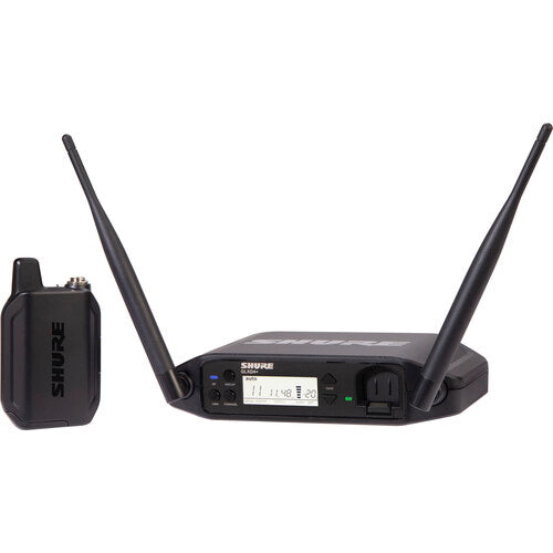 Shure GLXD14+ dual-band wireless guitar system with GLXD4+ receiver and bodypack transmitter for professional live performance.