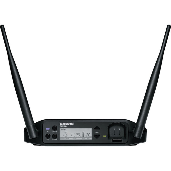 Shure GLXD14+ dual-band wireless guitar system with GLXD4+ receiver and bodypack transmitter for professional live performance.