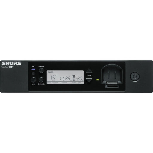 Shure GLXD14R+ dual-band wireless presenter rack system with omnidirectional lavalier microphone and rackmount receiver.