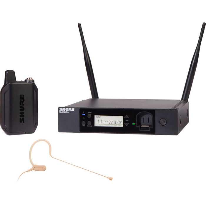 Shure GLXD14R+ dual-band wireless earset rack system with MX53 earset microphone and rackmount receiver.