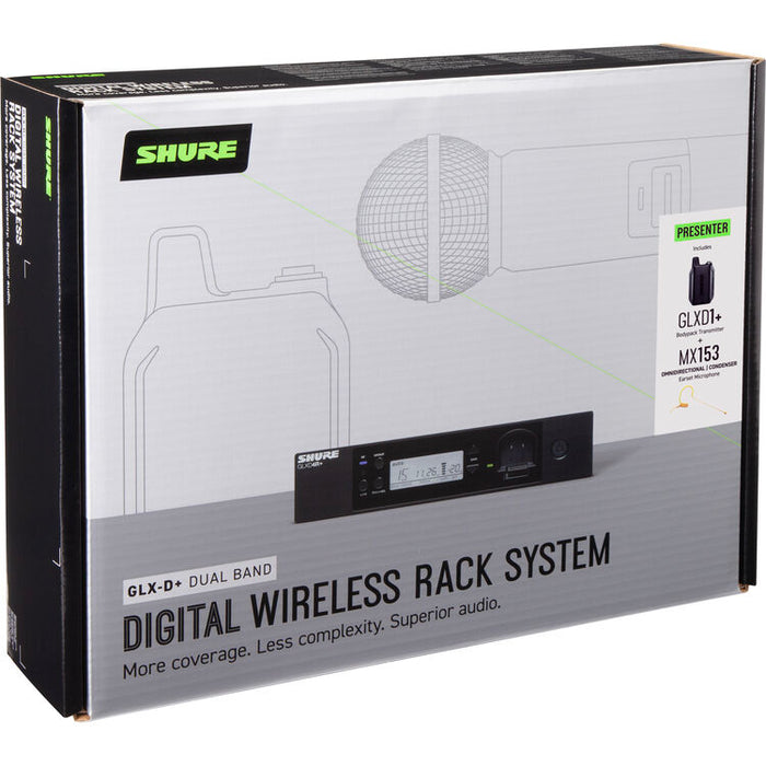 Shure GLXD14R+ dual-band wireless earset rack system with MX53 earset microphone and rackmount receiver.