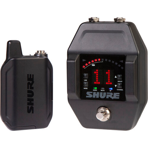 Shure GLXD16+ dual-band wireless guitar pedal system with integrated pedal receiver and bodypack transmitter.