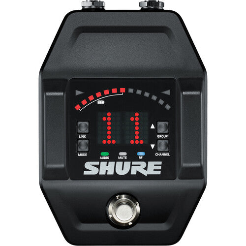 Shure GLXD16+ dual-band wireless guitar pedal system with integrated pedal receiver and bodypack transmitter.