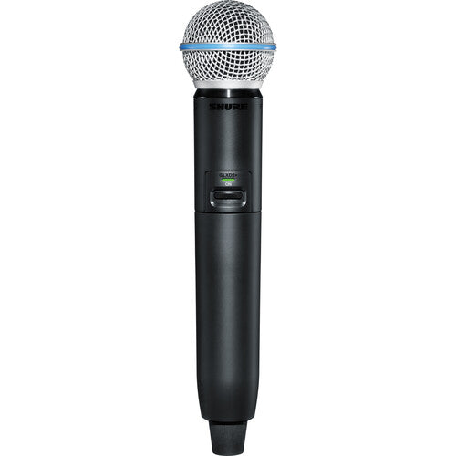 Shure GLXD2+ dual-band wireless handheld transmitter with BETA 58A dynamic vocal microphone capsule.