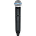 Shure GLXD2+ dual-band wireless handheld transmitter with BETA 58A dynamic vocal microphone capsule.