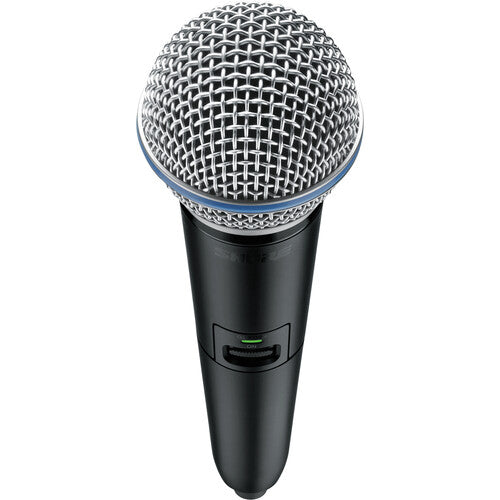 Shure GLXD2+ dual-band wireless handheld transmitter with BETA 58A dynamic vocal microphone capsule.