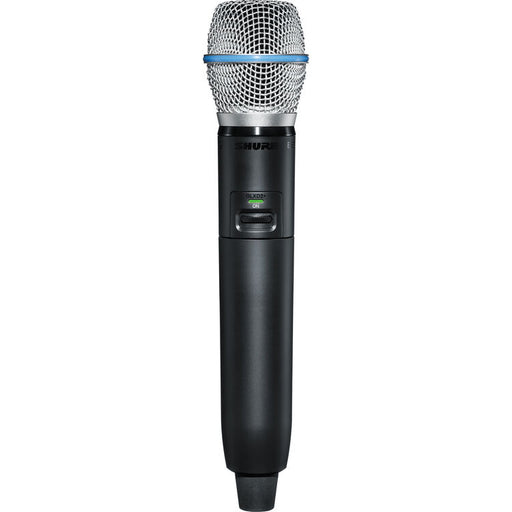 Shure GLXD2+ dual-band wireless handheld transmitter with BETA 87A supercardioid condenser microphone capsule.