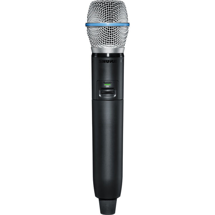 Shure GLXD2+ dual-band wireless handheld transmitter with BETA 87A supercardioid condenser microphone capsule.