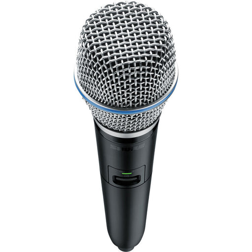 Shure GLXD2+ dual-band wireless handheld transmitter with BETA 87A supercardioid condenser microphone capsule.