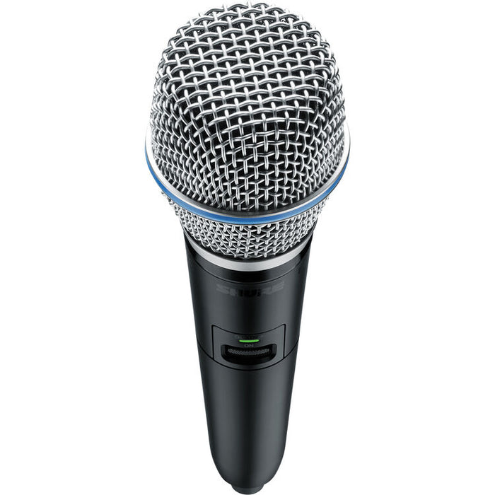 Shure GLXD2+ dual-band wireless handheld transmitter with BETA 87A supercardioid condenser microphone capsule.