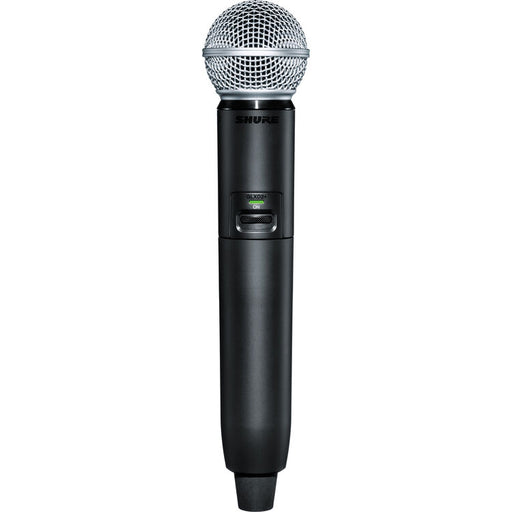 Shure GLXD2+ dual-band wireless handheld transmitter with SM58 dynamic vocal microphone capsule.