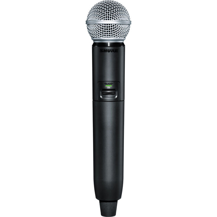 Shure GLXD2+ dual-band wireless handheld transmitter with SM58 dynamic vocal microphone capsule.