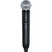 Shure GLXD2+ dual-band wireless handheld transmitter with SM58 dynamic vocal microphone capsule.