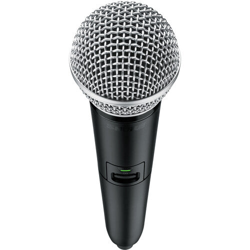 Shure GLXD2+ dual-band wireless handheld transmitter with SM58 dynamic vocal microphone capsule.