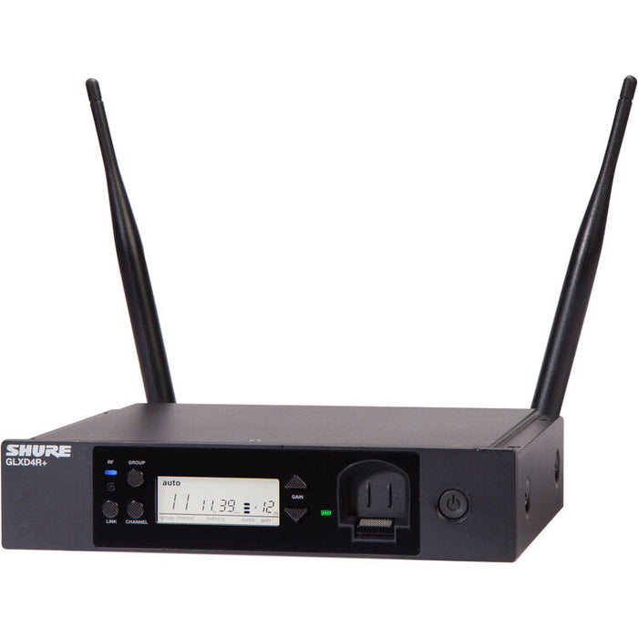 Shure GLXD4R+ dual-band wireless rack receiver for GLX-D+ microphone and instrument wireless systems.