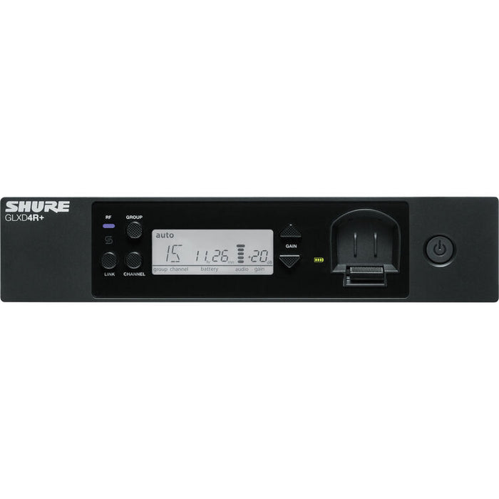 Shure GLXD4R+ dual-band wireless rack receiver for GLX-D+ microphone and instrument wireless systems.