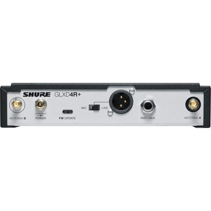 Shure GLXD4R+ dual-band wireless rack receiver for GLX-D+ microphone and instrument wireless systems.