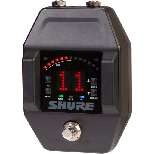 Shure GLXD6+ dual-band wireless guitar pedal receiver with integrated tuner for professional pedalboard setups.