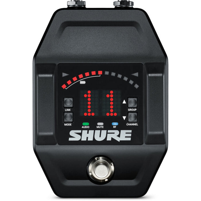 Shure GLXD6+ dual-band wireless guitar pedal receiver with integrated tuner for professional pedalboard setups.