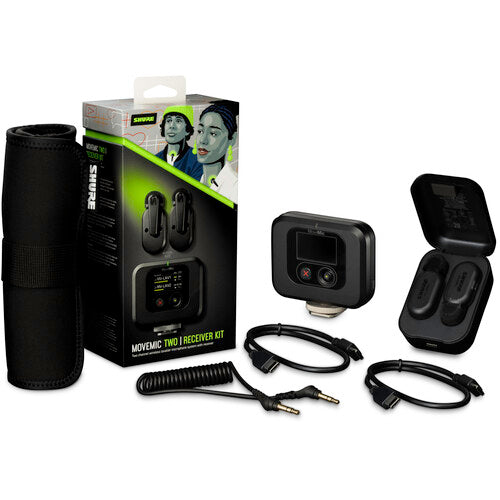 Shure MoveMic Two Receiver Kit with dual clip-on wireless microphones and receiver for cameras and mobile devices