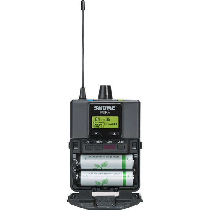 Shure P3RA-J13 wireless metal bodypack receiver for PSM300 in-ear monitoring systems operating in the J13 frequency band