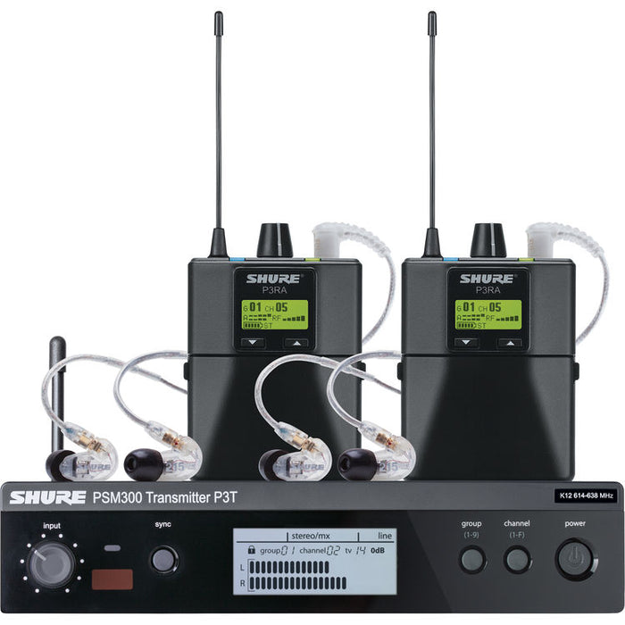 Shure PSM 300 Twin-Pack Pro wireless in-ear monitor kit with dual P3RA bodypack receivers and SE215 earphones operating in J13 frequency band