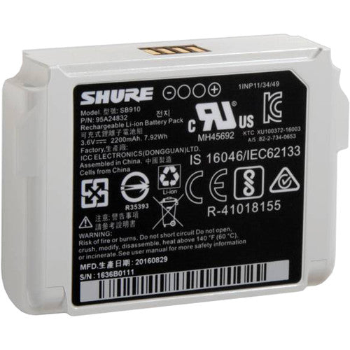 Shure SB910 rechargeable lithium-ion battery for ADX1 wireless transmitters and ADXR digital wireless receivers