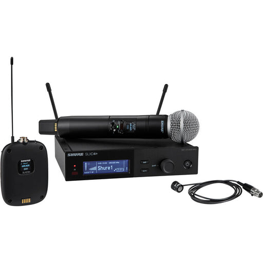 Shure SLXD124+/85M digital wireless combo microphone system with handheld transmitter and low-profile cardioid lavalier microphone.