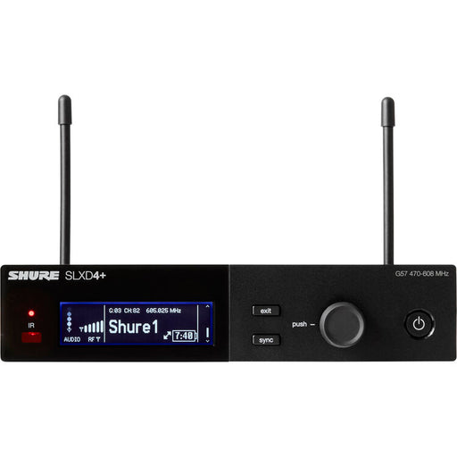 Shure SLXD124+/85M digital wireless combo microphone system with handheld transmitter and low-profile cardioid lavalier microphone.