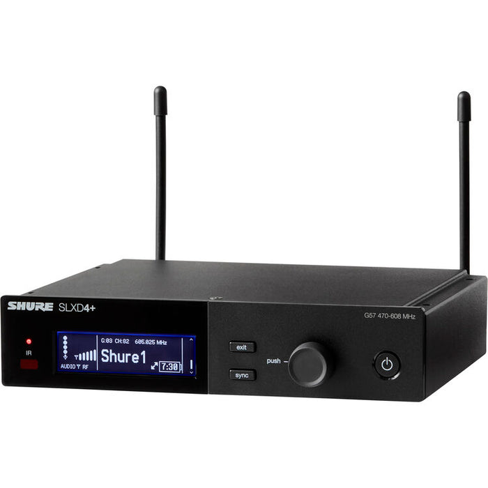 Shure SLXD124+/85M digital wireless combo microphone system with handheld transmitter and low-profile cardioid lavalier microphone.