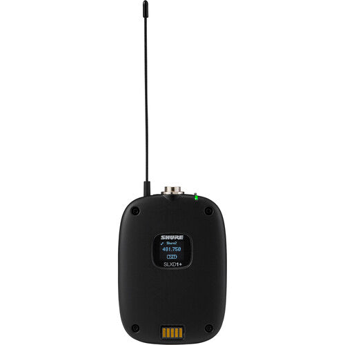 Shure SLXD124+/85M digital wireless combo microphone system with handheld transmitter and low-profile cardioid lavalier microphone.