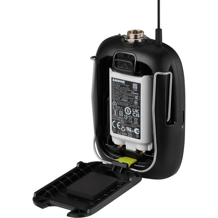 Shure SLXD124+/85M digital wireless combo microphone system with handheld transmitter and low-profile cardioid lavalier microphone.