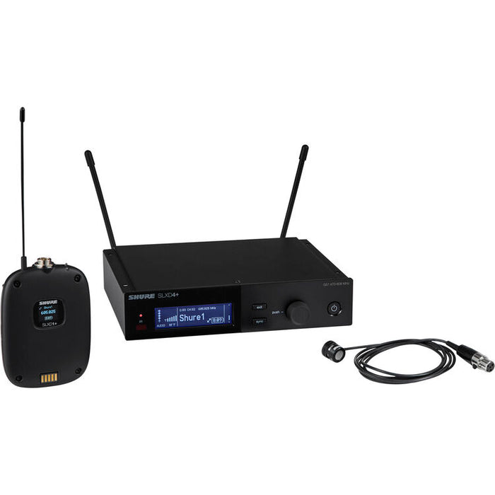 Shure SLXD14+/85M digital wireless lavalier microphone system with WL185M low-profile cardioid lavalier microphone.