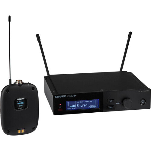 Shure SLXD14+ digital wireless guitar system with SLXD4 receiver and bodypack transmitter for professional instrument audio.