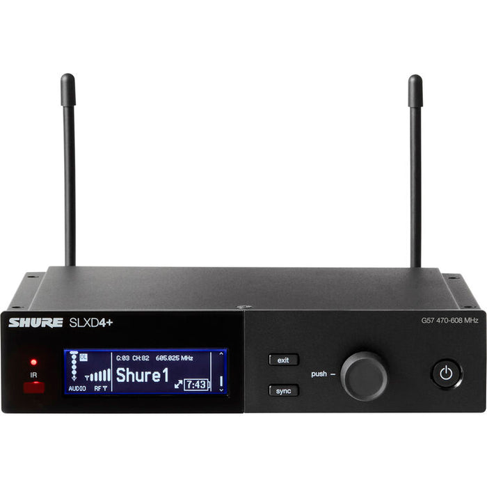 Shure SLXD14+ digital wireless guitar system with SLXD4 receiver and bodypack transmitter for professional instrument audio.