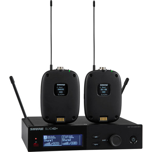 Shure SLXD14D+ dual-channel digital wireless bodypack system with dual receivers and bodypack transmitters for professional AV applications.