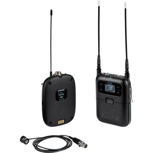Shure SLXD15+/85M digital camera-mount wireless lavalier microphone system with WL185M low-profile cardioid lavalier microphone.