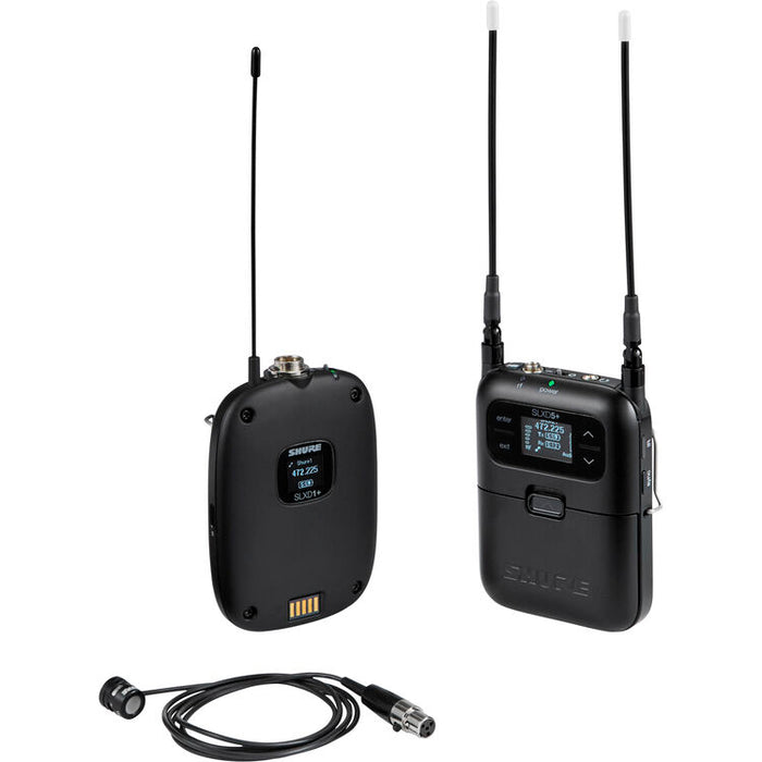 Shure SLXD15+/85M digital camera-mount wireless lavalier microphone system with WL185M low-profile cardioid lavalier microphone.