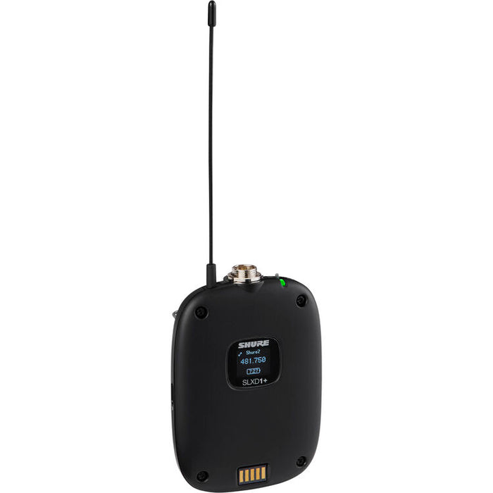 Shure SLXD15+/85M digital camera-mount wireless lavalier microphone system with WL185M low-profile cardioid lavalier microphone.