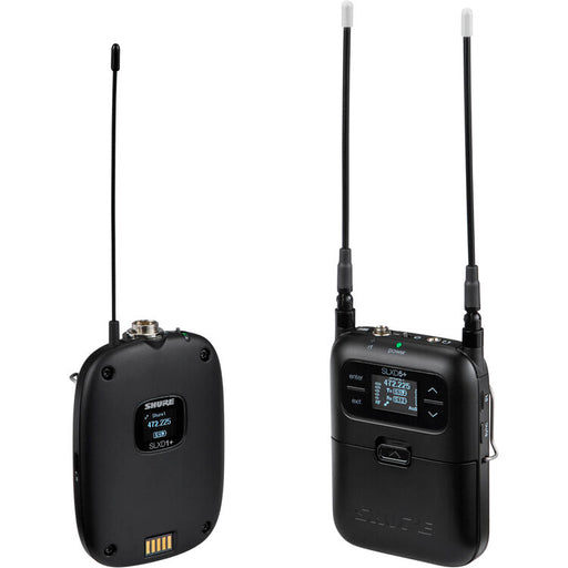 Shure SLXD15+ digital camera-mount wireless bodypack system with portable receiver and bodypack transmitter for broadcast and video production.
