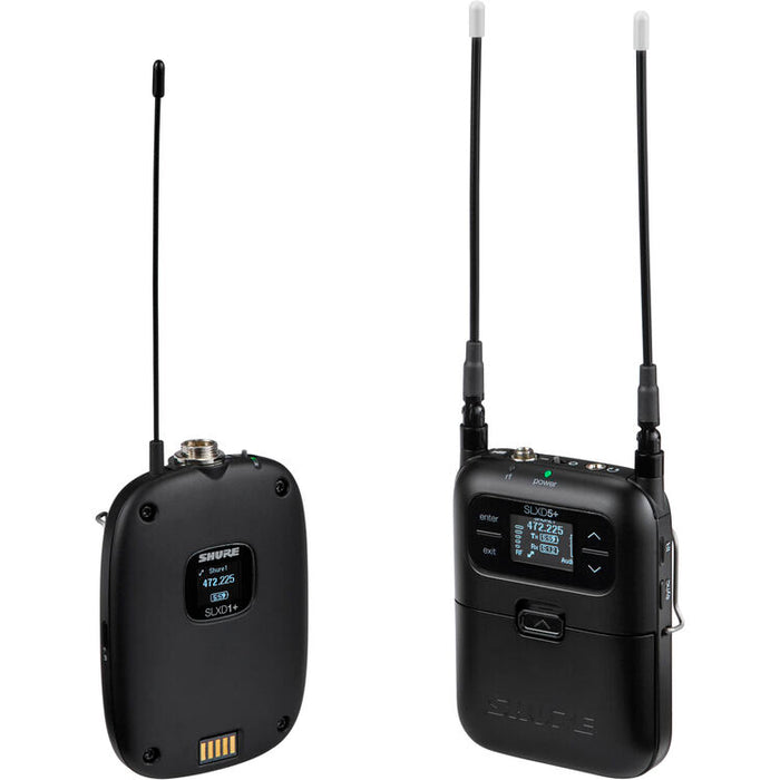 Shure SLXD15+ digital camera-mount wireless bodypack system with portable receiver and bodypack transmitter for broadcast and video production.