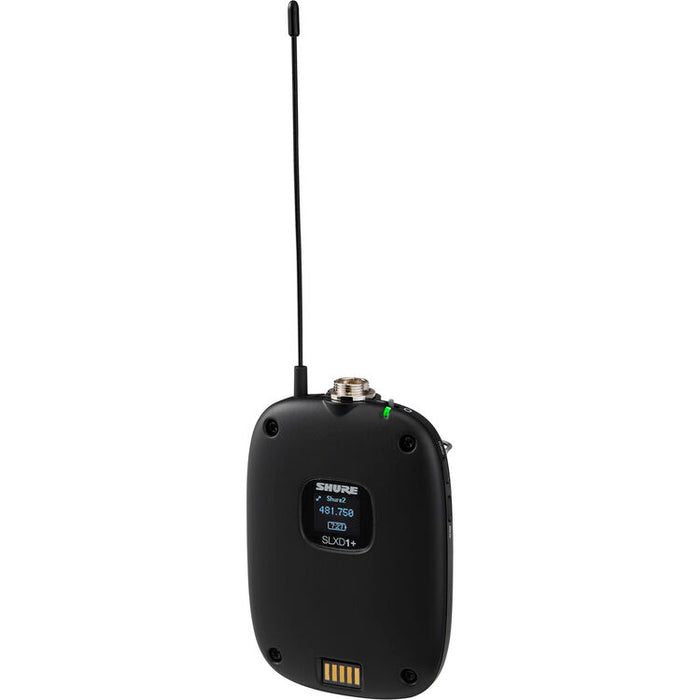 Shure SLXD15+ digital camera-mount wireless bodypack system with portable receiver and bodypack transmitter for broadcast and video production.