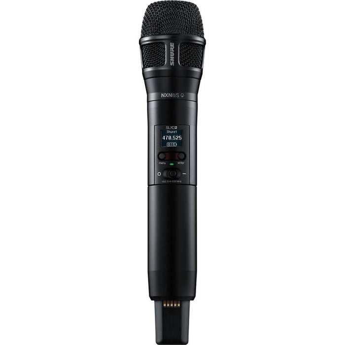 Shure SLXD2+ digital wireless handheld microphone transmitter with Beta 87A supercardioid condenser capsule.