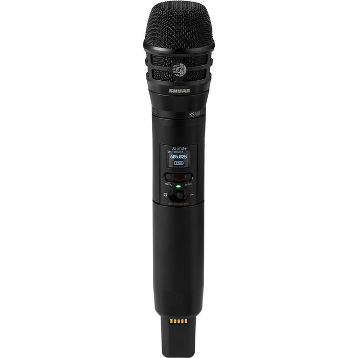 Shure SLXD2+ digital wireless handheld transmitter with KSM8 cardioid dynamic vocal microphone capsule.
