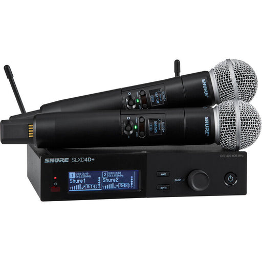 Shure SLXD24D+/58 dual-channel digital wireless handheld microphone system with SM58 dynamic vocal microphone capsules.