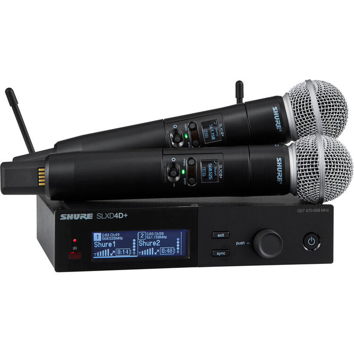 Shure SLXD24D+/58 dual-channel digital wireless handheld microphone system with SM58 dynamic vocal microphone capsules.