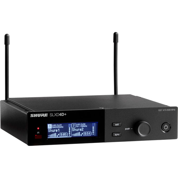 Shure SLXD24D+/58 dual-channel digital wireless handheld microphone system with SM58 dynamic vocal microphone capsules.