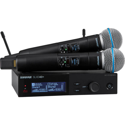 Shure SLXD24D+/B58 dual-channel digital wireless handheld microphone system with Beta 58A supercardioid capsules.