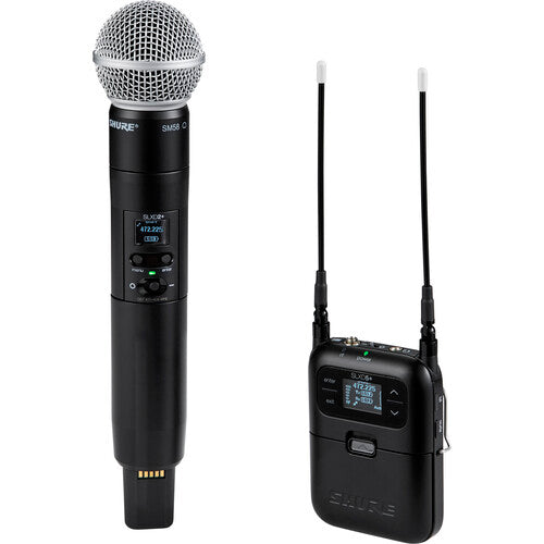 Shure SLXD25+/58 digital camera-mount wireless handheld microphone system with SM58 dynamic vocal microphone capsule.